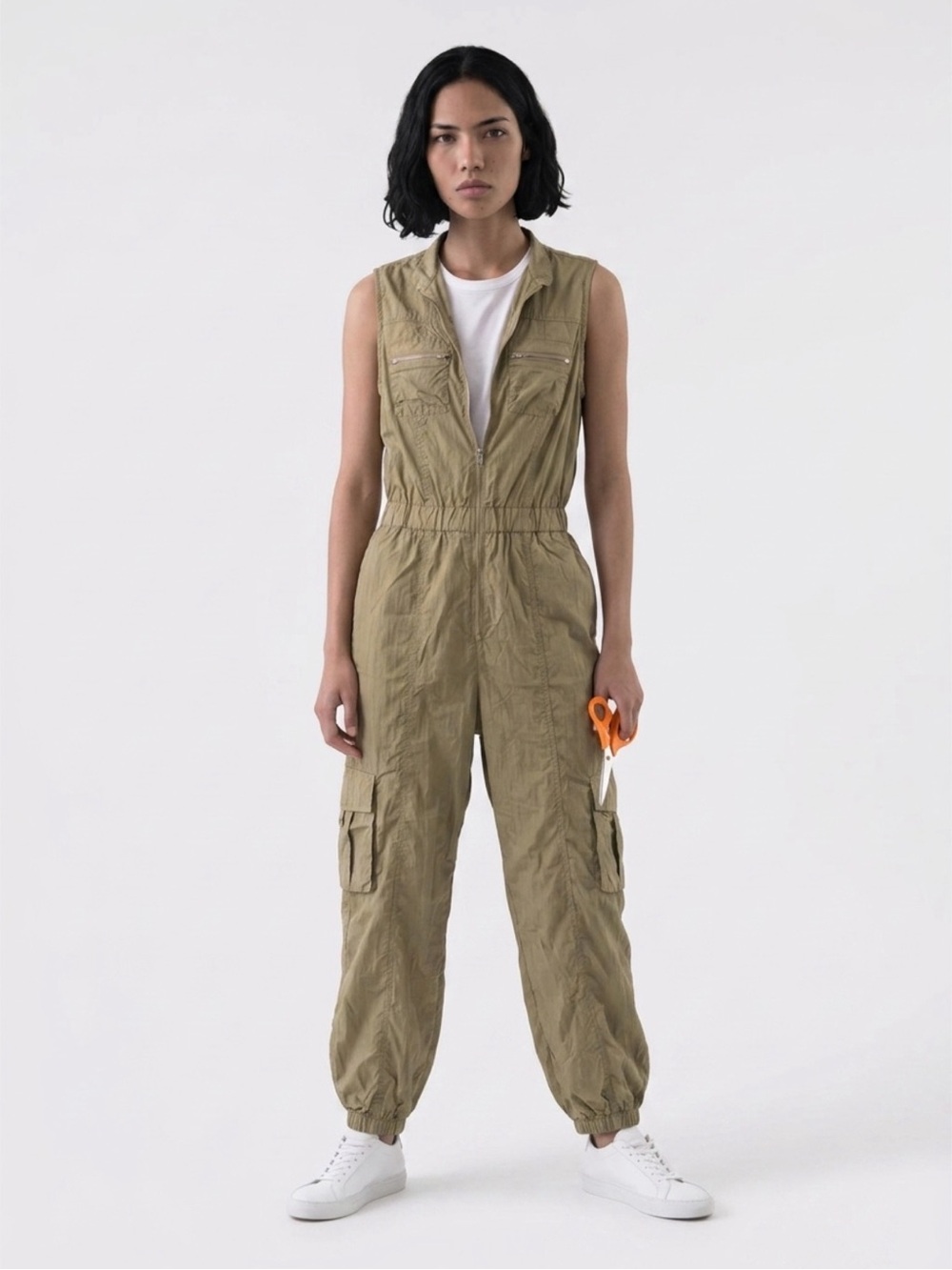 Sans Souci Women's Tan Gargo Jumpsuit With Pockets Front Zip Sleeveless Retro M
